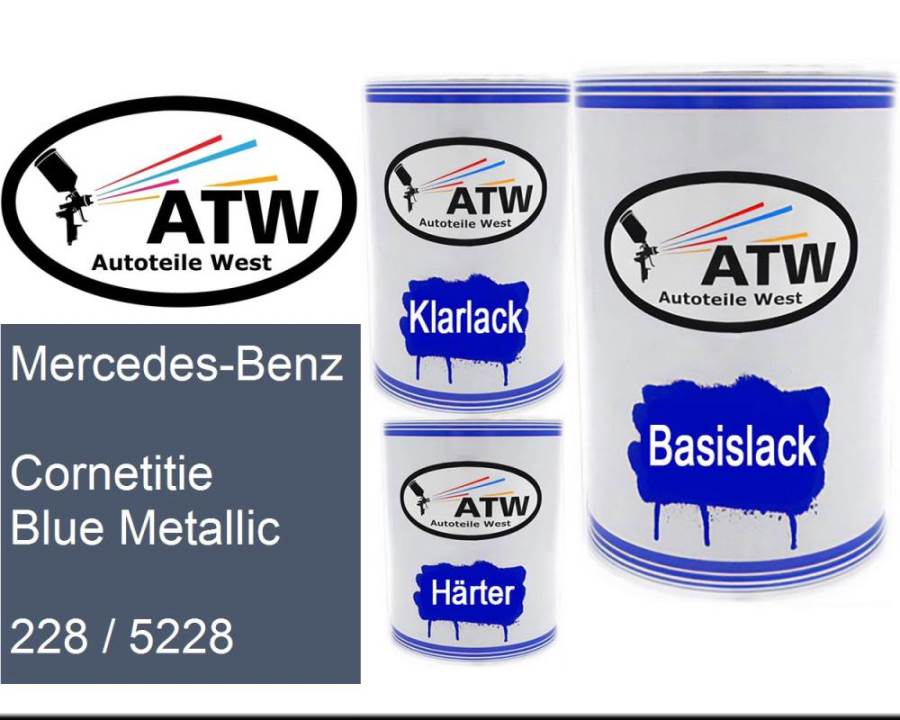 Mercedes-Benz, Cornetitie Blue Metallic, 228 / 5228: 500ml Lackdose + 500ml Klarlack + 250ml Härter - Set, von ATW Autoteile West.